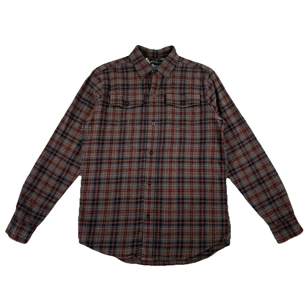 PLADRA Flannel Button Up Shirt Seals Flip Cuff Gray Orange Plaid Men's Medium